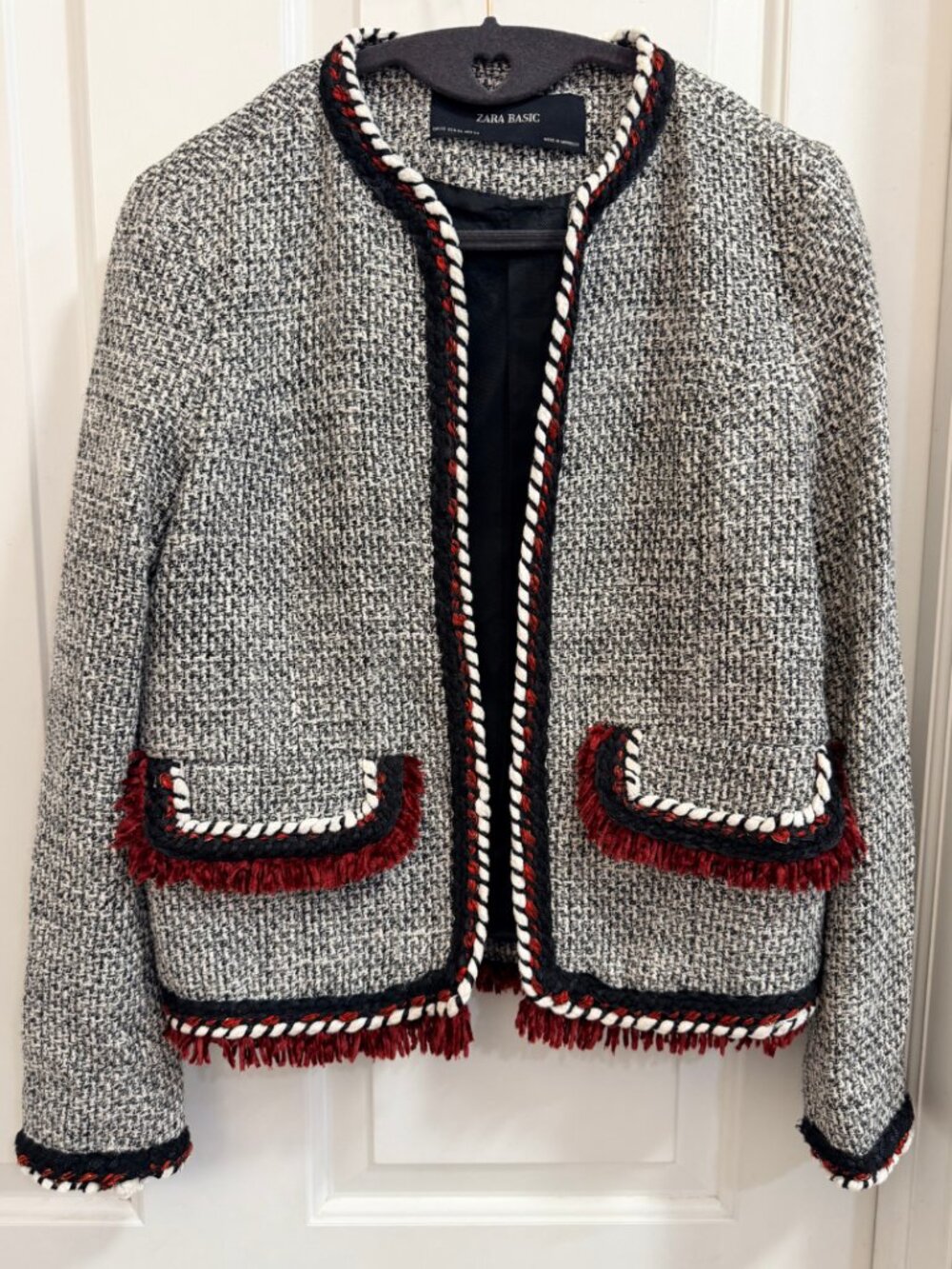 Zara Basic Black White Red Tweed Jacket XS